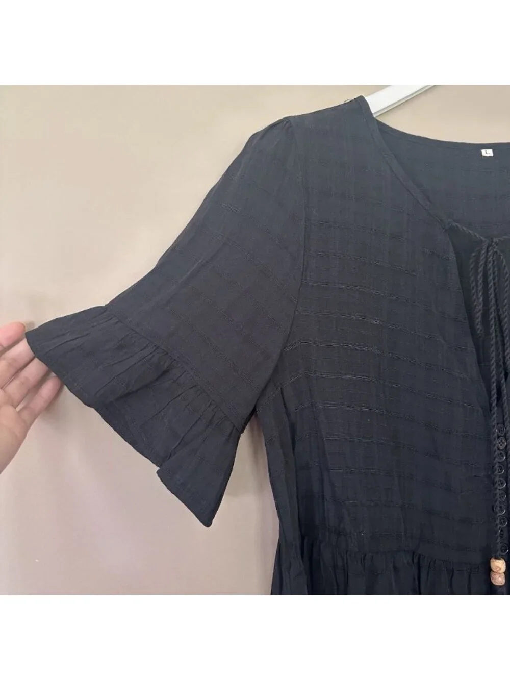 Casual Black Boho Dress sz L Oversized Tiered Peasant Festival Tassel Relaxed